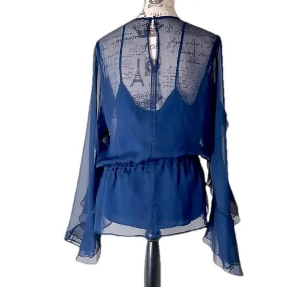 See By Chloe Sheer Navy Ruffle Blouse w/ Cami Top Boho Romantic Medium - Picture 4 of 17